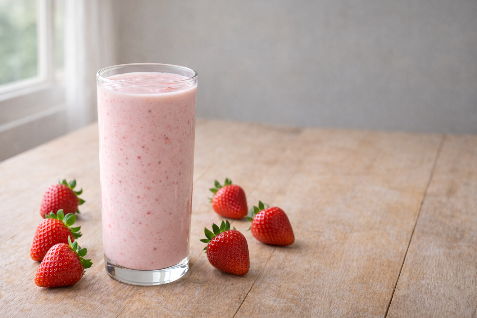 Copo vidro kefir morango cremoso cor rosada natural, morangos frescos ao redor, sobre mesa madeira clara luz natural - bebida probiótica aromática caseira