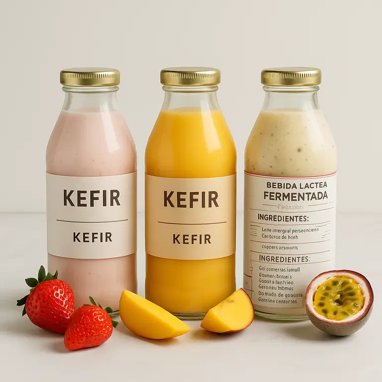 Kefir artesanal sabores com frutas frescas - morango rosa, manga amarelo, maracujá em frascos vidro ingredientes naturais sem açúcar refinado