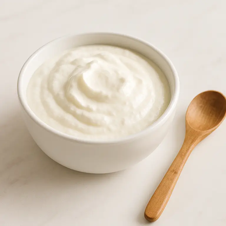 Kefir estilo grego cremoso em tigela branca - textura espessa aveludada rica em proteínas coado artesanalmente similar cream cheese probiótico