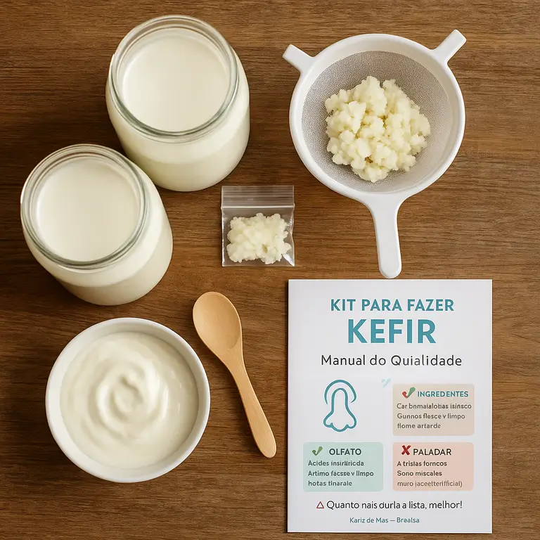 Kit completo autoprodução kefir artesanal - grãos vivos tradicionais, frascos vidro, peneira plástica, manual ilustrado e suporte técnico permanente