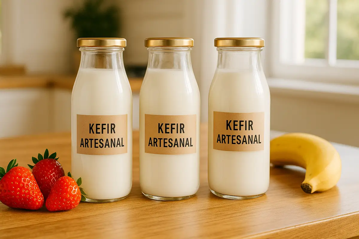 Linha kefir artesanal Kefir da Mae em frascos de vidro tampas douradas sobre mesa madeira com frutas frescas - produção diária tradicional Brasília
