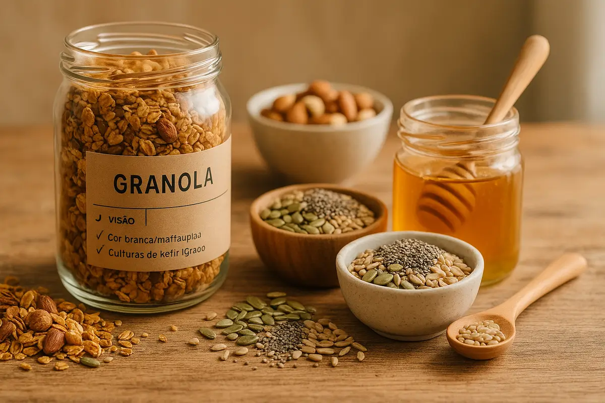 Complementos saudáveis: granola artesanal, mix sementes, mel puro em frascos vidro sobre mesa madeira - ingredientes naturais para saúde e bem-estar