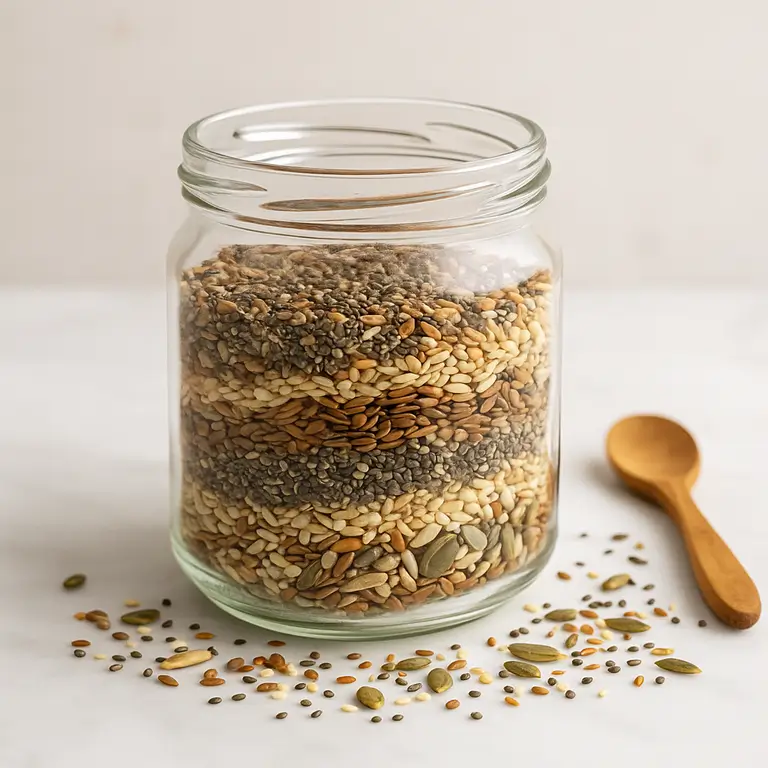 Mix sementes premium em frasco vidro - chia, linhaça, gergelim, girassol, abóbora sobre mesa branca com colher madeira rico ômega-3 fibras naturais