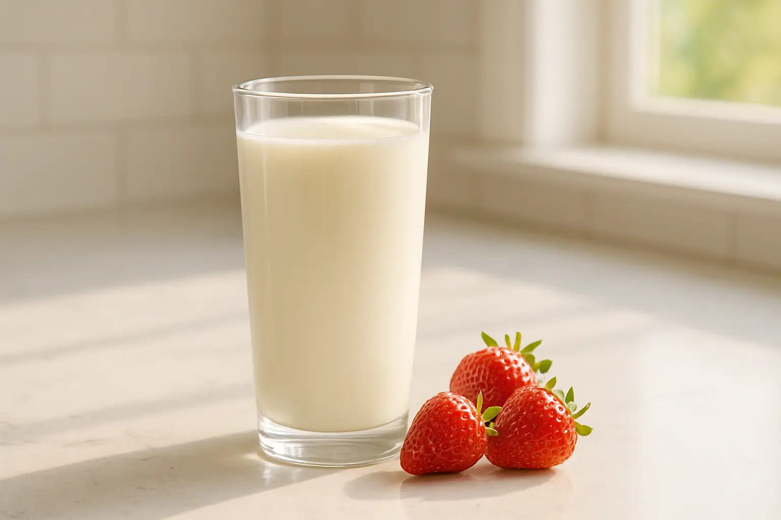 Copo alto vidro transparente com kefir natural branco cremoso sobre bancada mármore branco - morangos frescos ao lado, luz natural matinal, consumo tradicional