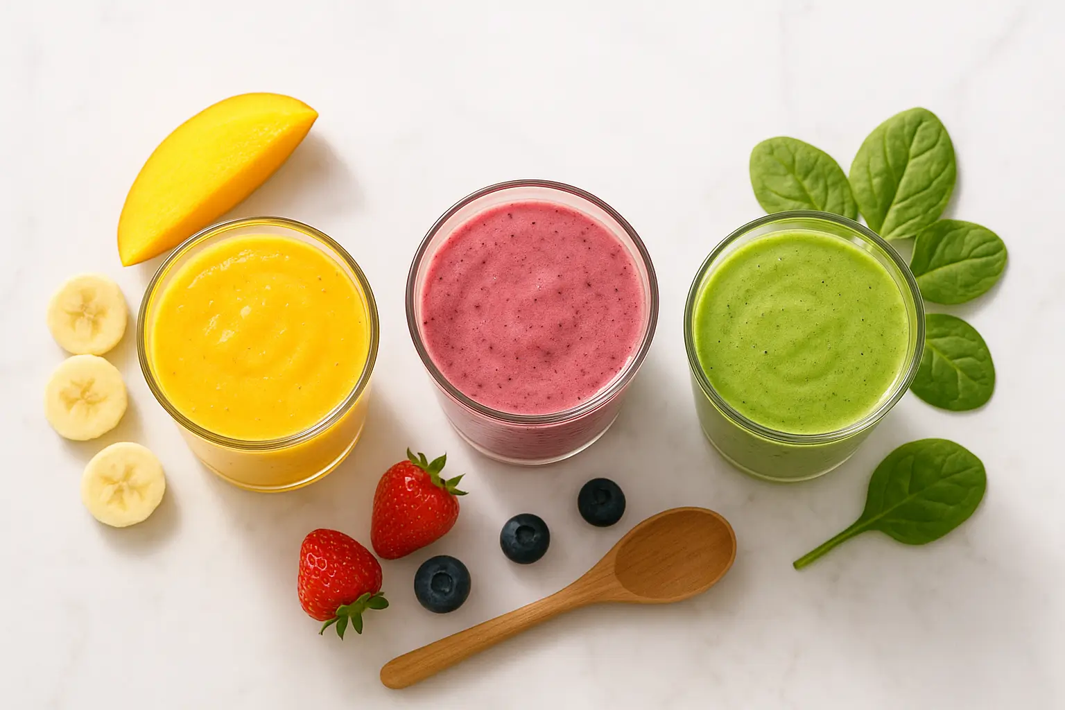 Três smoothies kefir coloridos em copos transparentes - amarelo laranja tropical, rosa roxo frutas vermelhas, verde claro espinafre sobre mármore branco