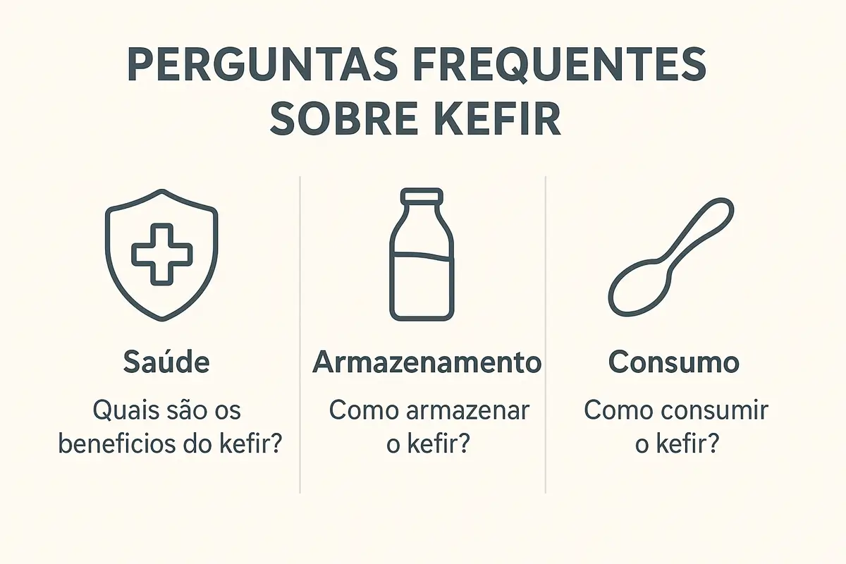 FAQ perguntas frequentes sobre kefir: infográfico três categorias - saúde benefícios, armazenamento conservação, consumo dosagem com ícones ilustrativos