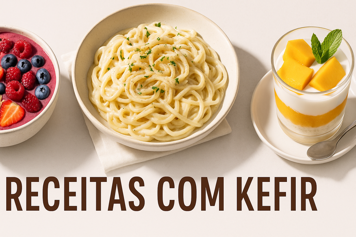 Três pratos kefir bowl frutas vermelhas, macarrão cremoso ervas, parfait manga camadas sobre superfície clara - receitas variadas probióticas saborosas