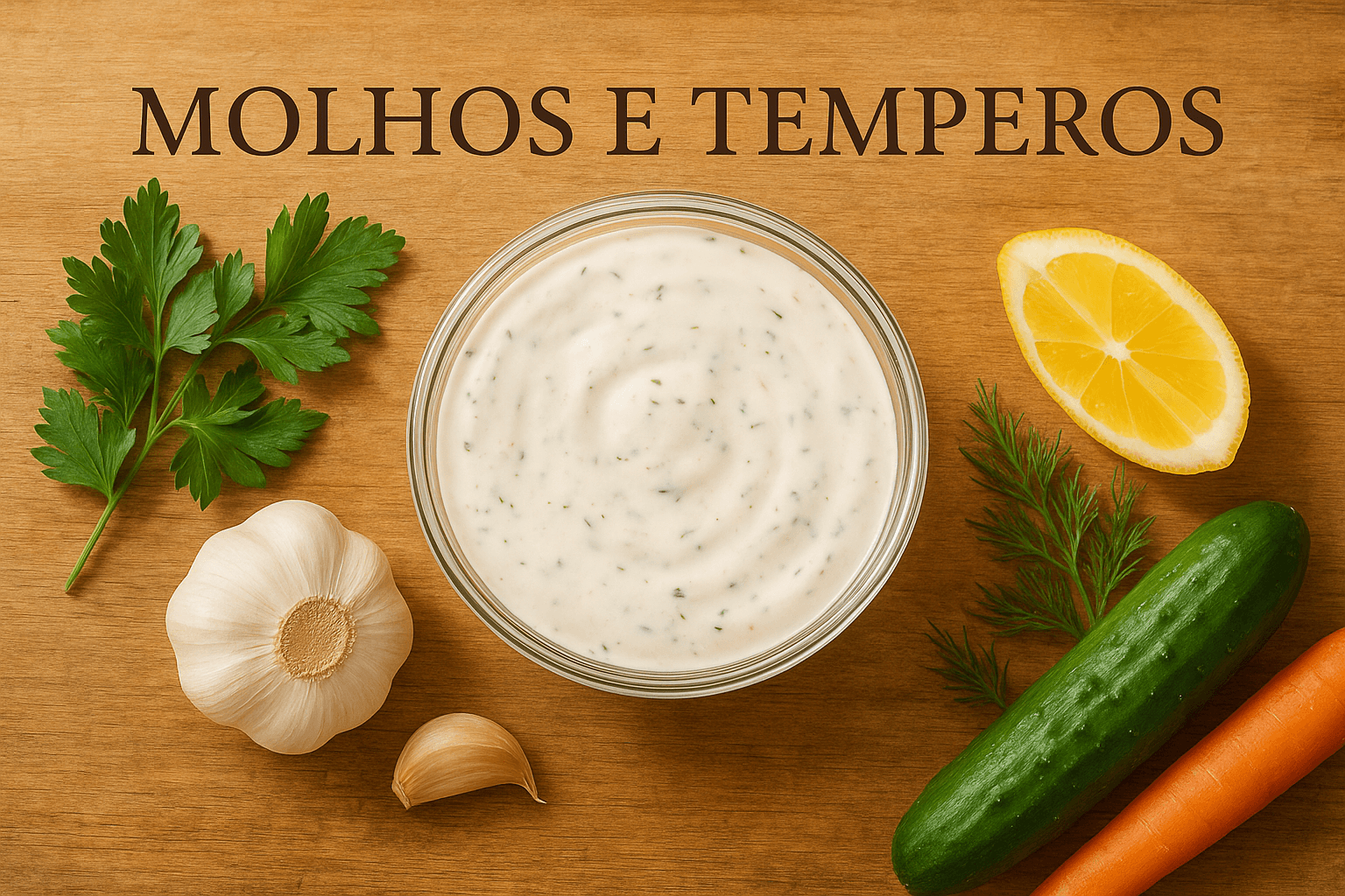 Molho cremoso kefir ranch em tigela vidro com ervas frescas salsinha cebolinha, alho e limão sobre tábua madeira - tempero probiótico natural saudável