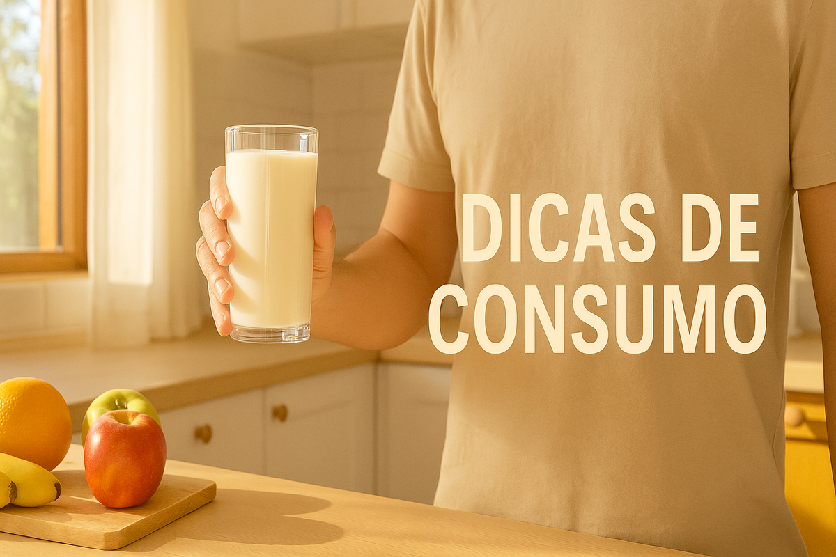 Pessoa segurando copo kefir natural em cozinha luminosa com frutas frescas laranja maçã banana sobre bancada - dicas consumo saudável probióticos diário
