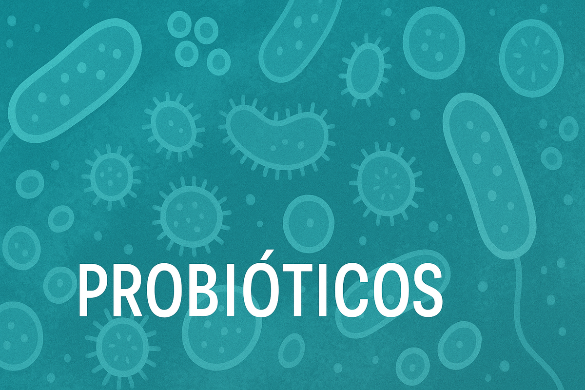 Ilustração científica microorganismos probióticos bactérias lactobacilos diversos formatos sobre fundo azul turquesa - culturas vivas saúde intestinal