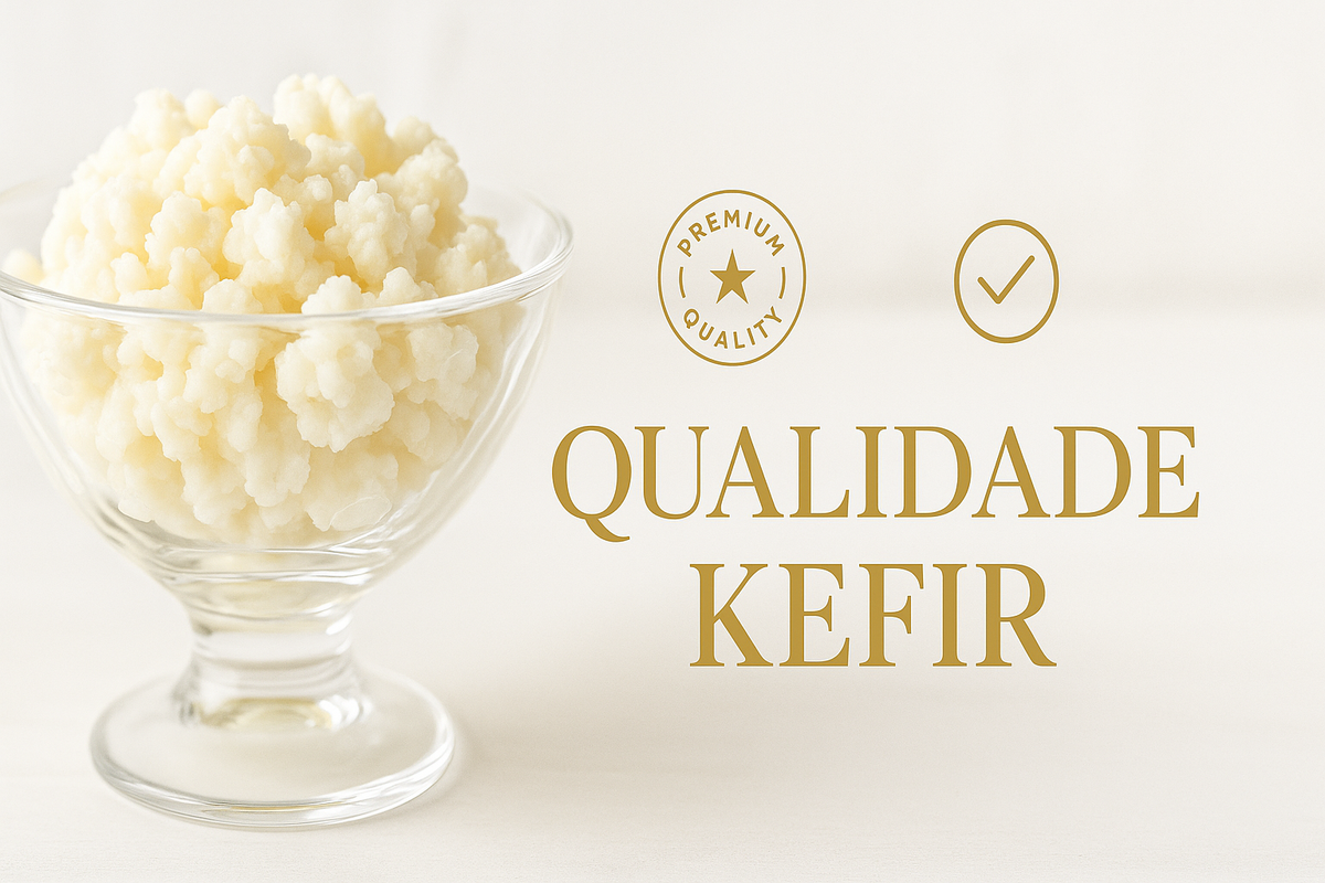 Grãos kefir frescos brancos em tigela vidro elegante com selos dourados premium quality e check mark sobre fundo claro - qualidade certificada superior