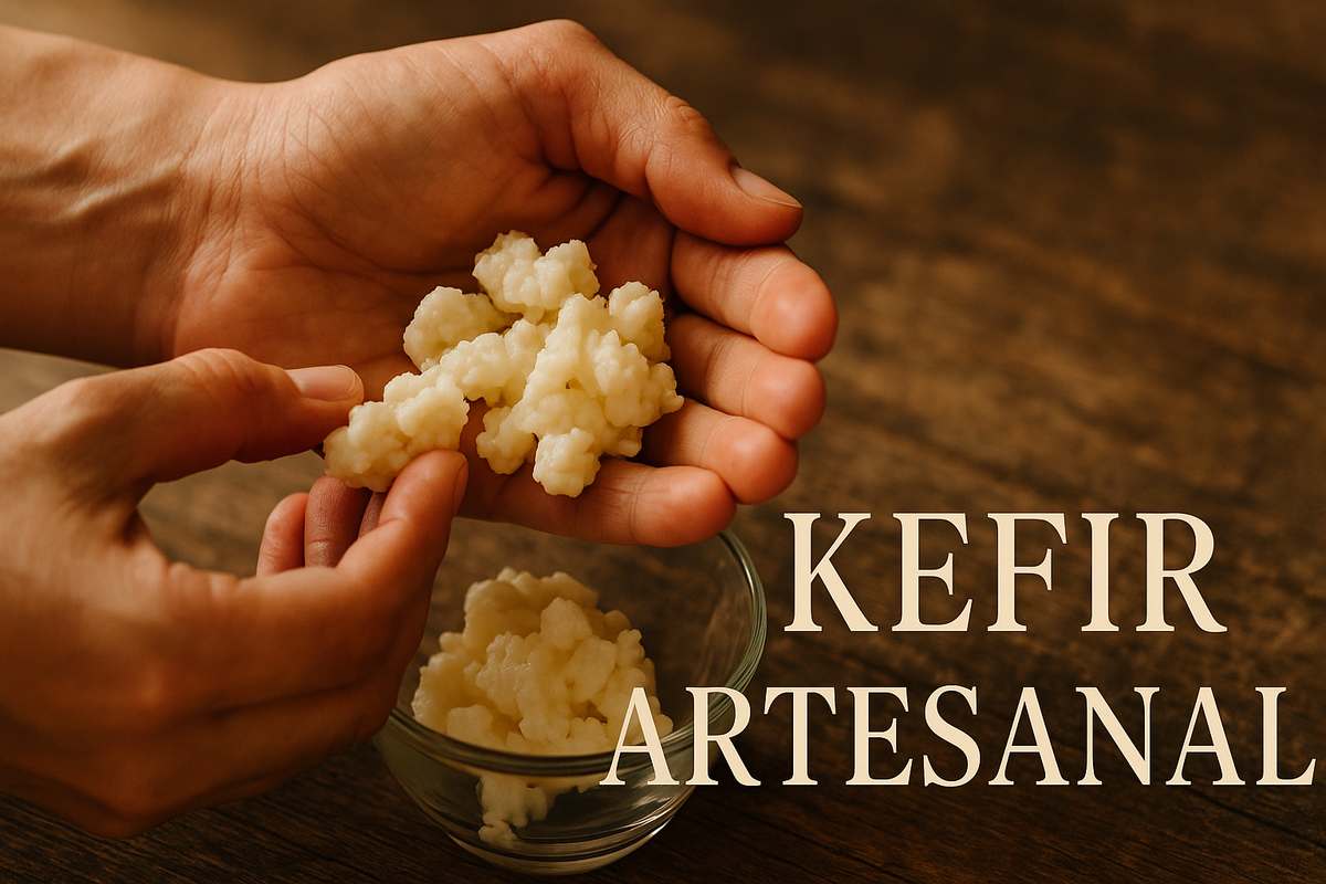 Mãos segurando grãos kefir artesanal brancos frescos sobre pote vidro fundo madeira rústico - produção caseira fermentação natural probióticos vivos