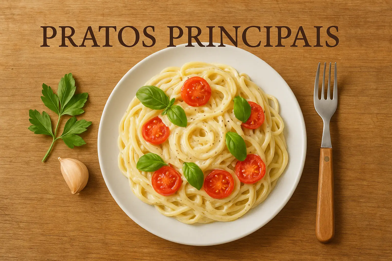 Macarrão cremoso com molho kefir, tomates cereja, manjericão fresco e parmesão em prato branco sobre mesa madeira - prato principal saudável probiótico